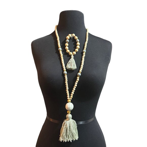 unbranded Jewelry - Wood Bead & Tassel Necklace Bracelet Set With Ceramic Accent